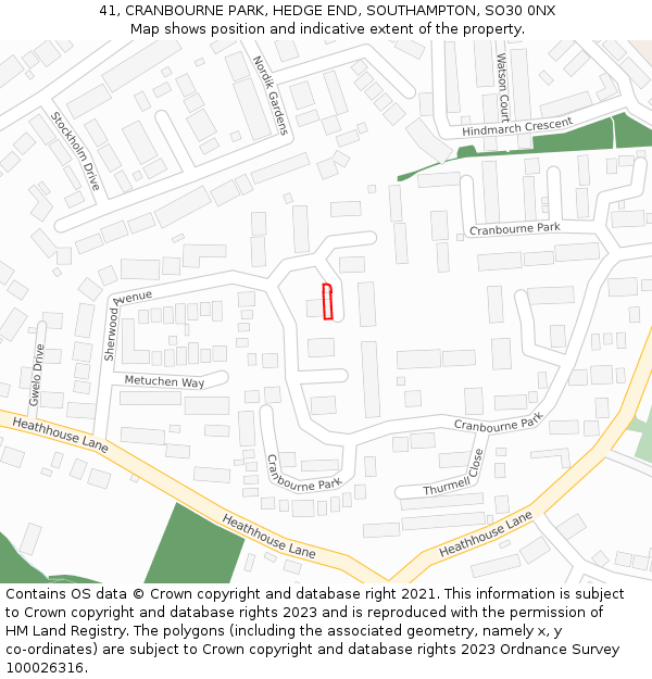 41, CRANBOURNE PARK, HEDGE END, SOUTHAMPTON, SO30 0NX: Location map and indicative extent of plot