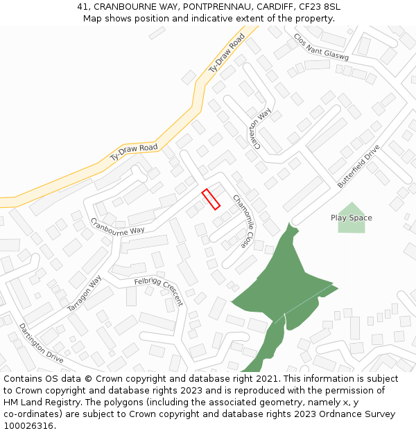 41, CRANBOURNE WAY, PONTPRENNAU, CARDIFF, CF23 8SL: Location map and indicative extent of plot