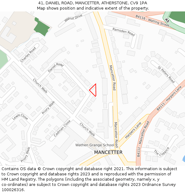 41, DANIEL ROAD, MANCETTER, ATHERSTONE, CV9 1PA: Location map and indicative extent of plot