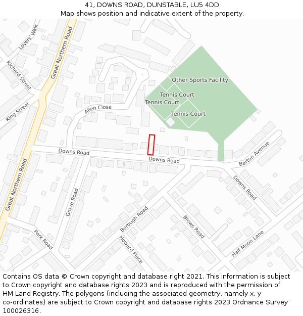 41, DOWNS ROAD, DUNSTABLE, LU5 4DD: Location map and indicative extent of plot