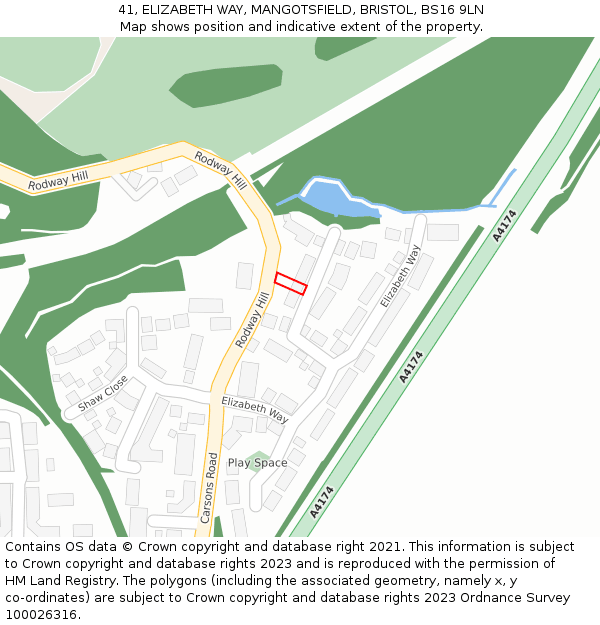 41, ELIZABETH WAY, MANGOTSFIELD, BRISTOL, BS16 9LN: Location map and indicative extent of plot