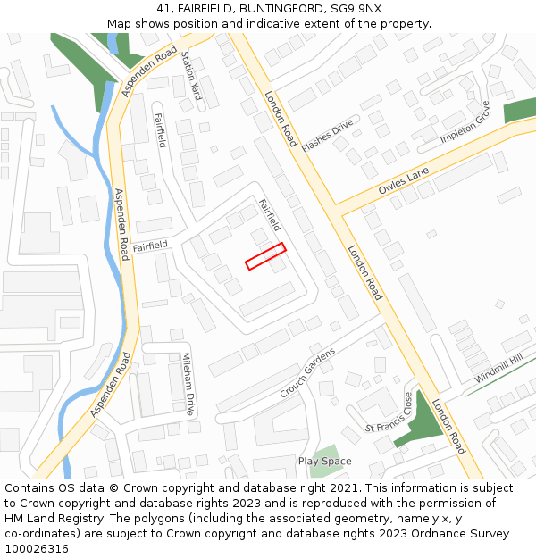 41, FAIRFIELD, BUNTINGFORD, SG9 9NX: Location map and indicative extent of plot