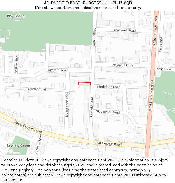 41, FAIRFIELD ROAD, BURGESS HILL, RH15 8QB: Location map and indicative extent of plot