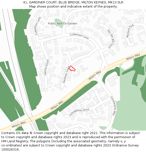 41, GARDINER COURT, BLUE BRIDGE, MILTON KEYNES, MK13 0LR: Location map and indicative extent of plot