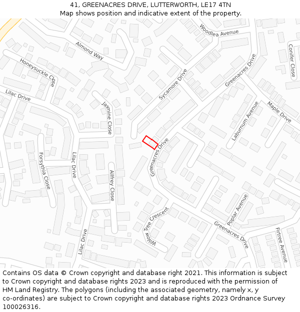 41, GREENACRES DRIVE, LUTTERWORTH, LE17 4TN: Location map and indicative extent of plot