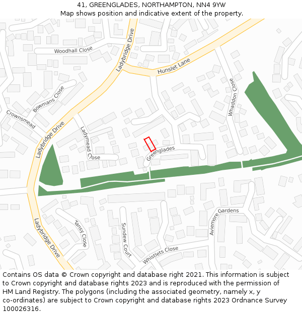 41, GREENGLADES, NORTHAMPTON, NN4 9YW: Location map and indicative extent of plot