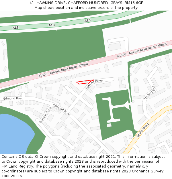 41, HAWKINS DRIVE, CHAFFORD HUNDRED, GRAYS, RM16 6GE: Location map and indicative extent of plot