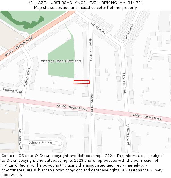 41, HAZELHURST ROAD, KINGS HEATH, BIRMINGHAM, B14 7PH: Location map and indicative extent of plot