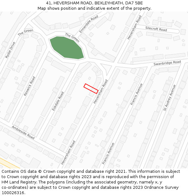 41, HEVERSHAM ROAD, BEXLEYHEATH, DA7 5BE: Location map and indicative extent of plot