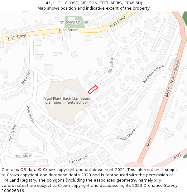 41, HIGH CLOSE, NELSON, TREHARRIS, CF46 6HJ: Location map and indicative extent of plot