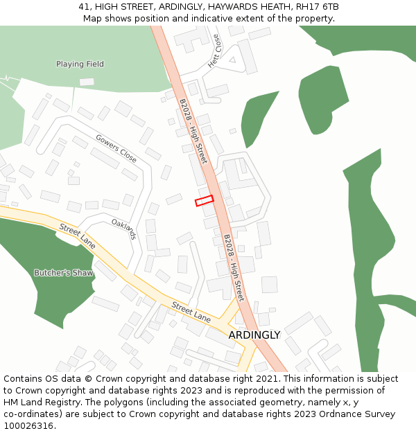 41, HIGH STREET, ARDINGLY, HAYWARDS HEATH, RH17 6TB: Location map and indicative extent of plot