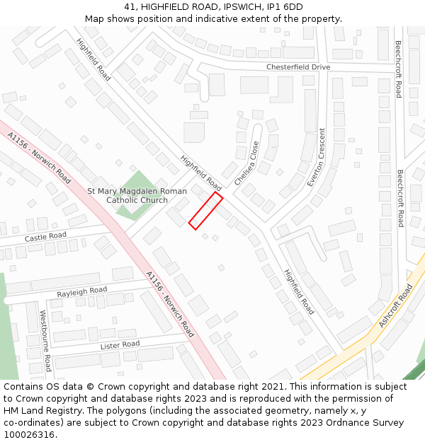 41, HIGHFIELD ROAD, IPSWICH, IP1 6DD: Location map and indicative extent of plot