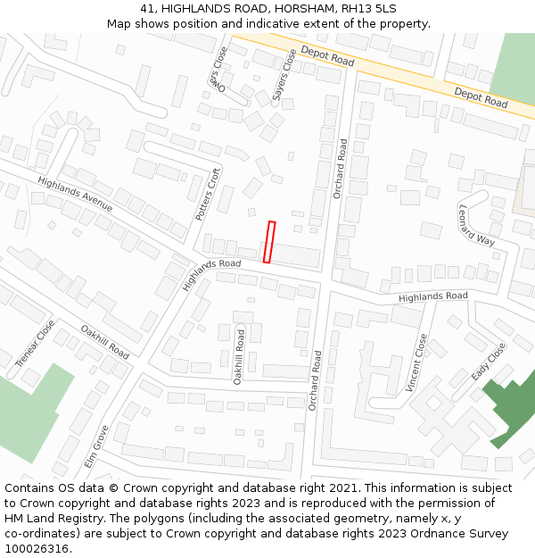 41, HIGHLANDS ROAD, HORSHAM, RH13 5LS: Location map and indicative extent of plot