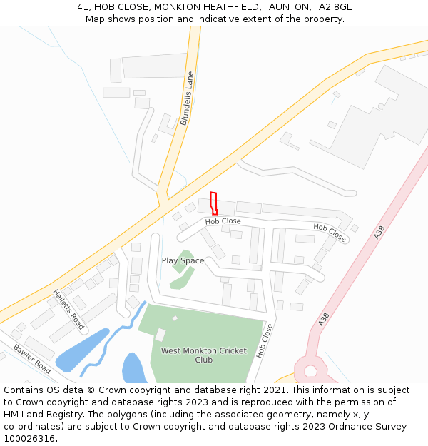 41, HOB CLOSE, MONKTON HEATHFIELD, TAUNTON, TA2 8GL: Location map and indicative extent of plot