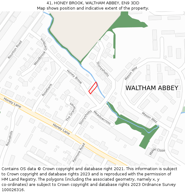 41, HONEY BROOK, WALTHAM ABBEY, EN9 3DD: Location map and indicative extent of plot