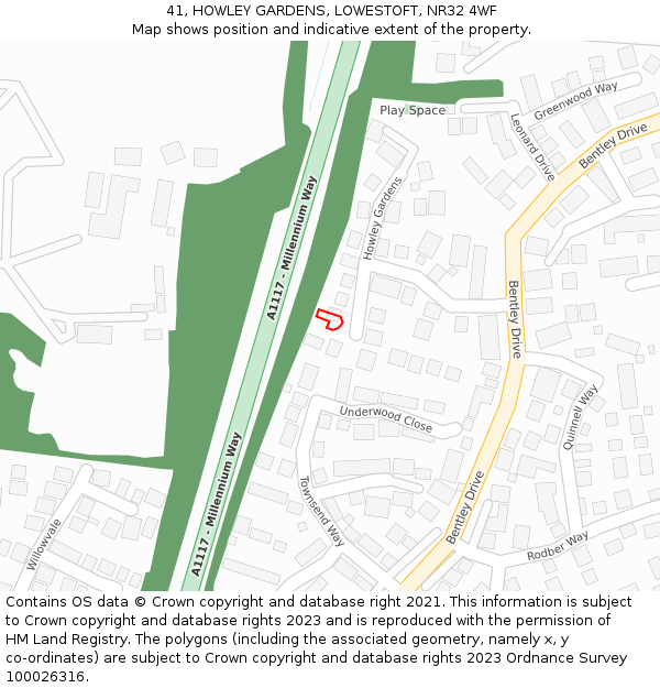41, HOWLEY GARDENS, LOWESTOFT, NR32 4WF: Location map and indicative extent of plot