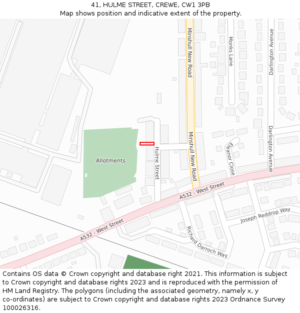 41, HULME STREET, CREWE, CW1 3PB: Location map and indicative extent of plot