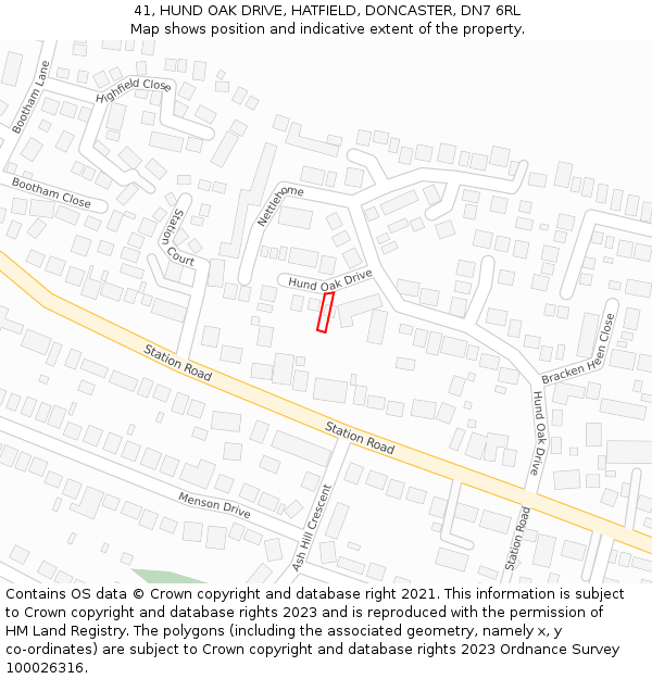 41, HUND OAK DRIVE, HATFIELD, DONCASTER, DN7 6RL: Location map and indicative extent of plot