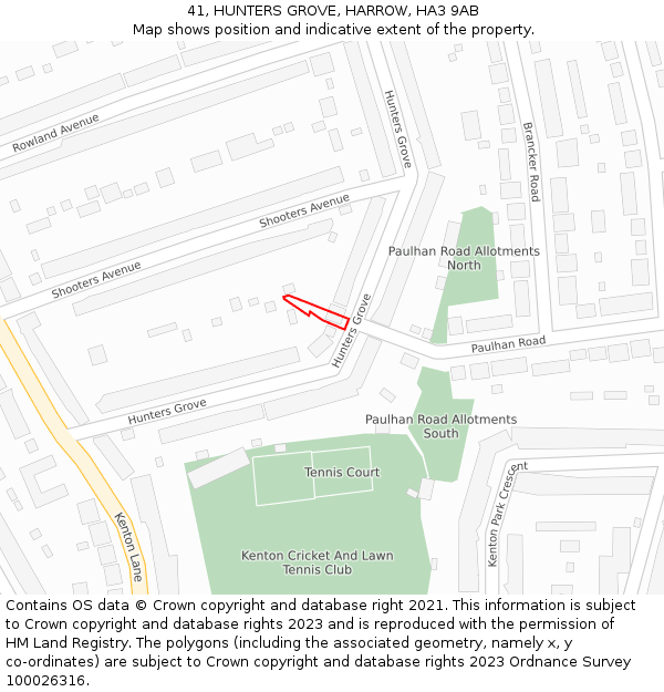 41, HUNTERS GROVE, HARROW, HA3 9AB: Location map and indicative extent of plot