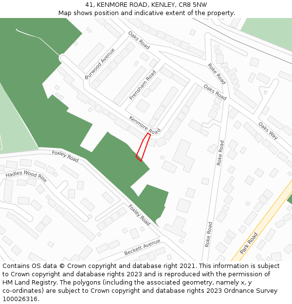 41, KENMORE ROAD, KENLEY, CR8 5NW: Location map and indicative extent of plot