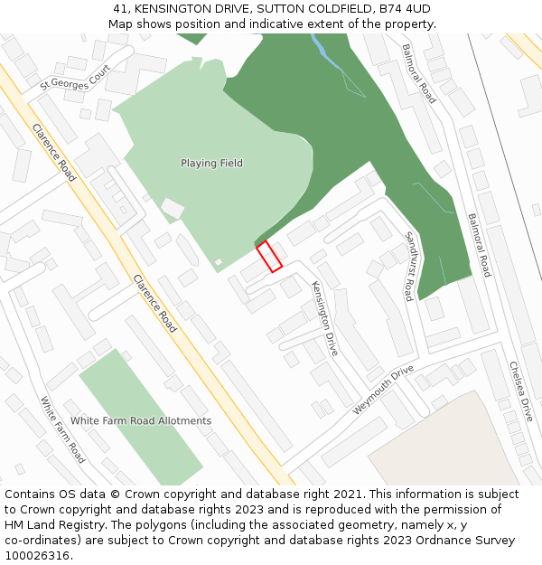 41, KENSINGTON DRIVE, SUTTON COLDFIELD, B74 4UD: Location map and indicative extent of plot