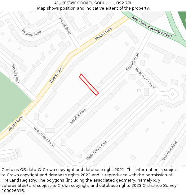 41, KESWICK ROAD, SOLIHULL, B92 7PL: Location map and indicative extent of plot