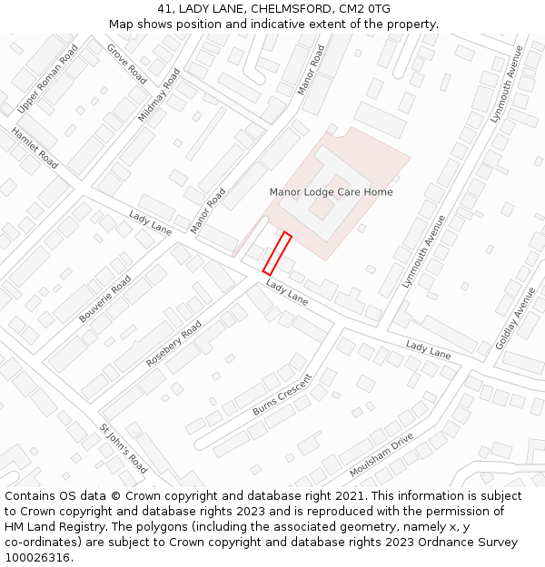 41, LADY LANE, CHELMSFORD, CM2 0TG: Location map and indicative extent of plot