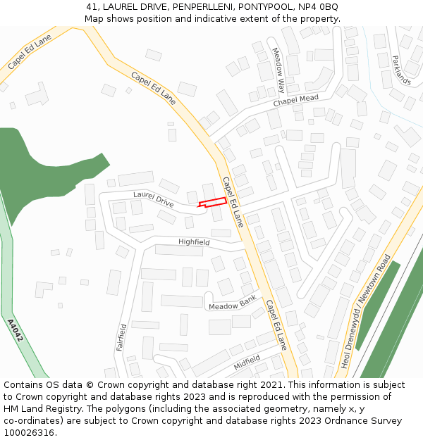 41, LAUREL DRIVE, PENPERLLENI, PONTYPOOL, NP4 0BQ: Location map and indicative extent of plot