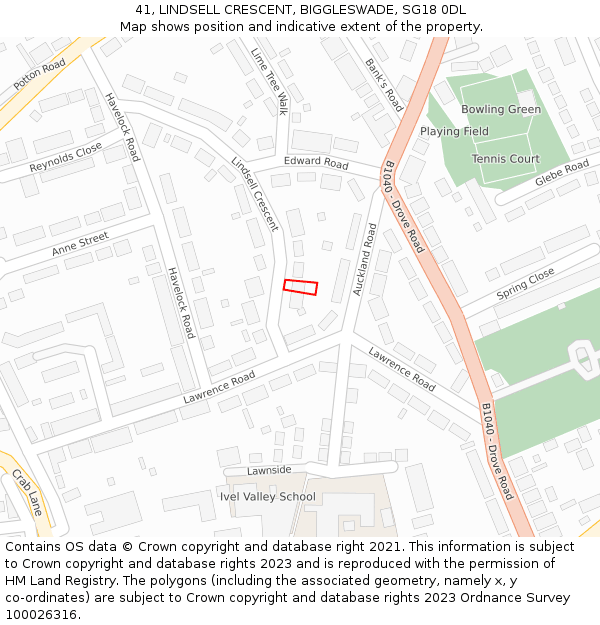 41, LINDSELL CRESCENT, BIGGLESWADE, SG18 0DL: Location map and indicative extent of plot