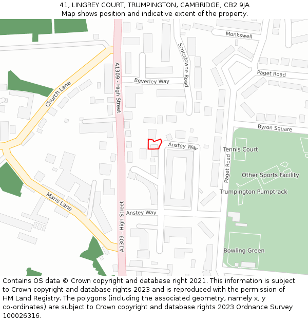 41, LINGREY COURT, TRUMPINGTON, CAMBRIDGE, CB2 9JA: Location map and indicative extent of plot