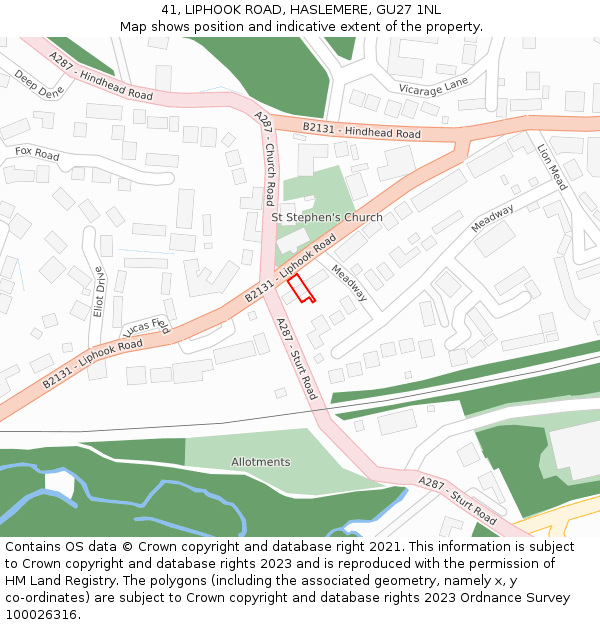 41, LIPHOOK ROAD, HASLEMERE, GU27 1NL: Location map and indicative extent of plot