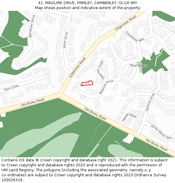 41, MAGUIRE DRIVE, FRIMLEY, CAMBERLEY, GU16 9RY: Location map and indicative extent of plot