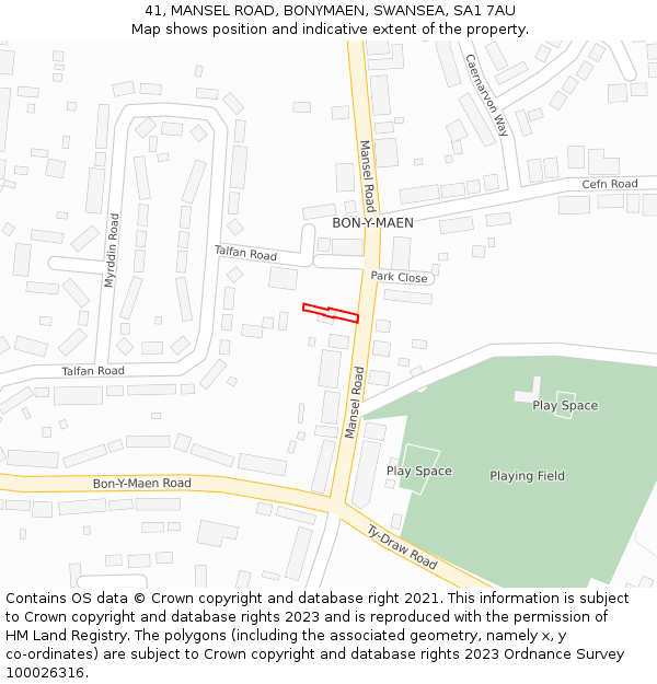 41, MANSEL ROAD, BONYMAEN, SWANSEA, SA1 7AU: Location map and indicative extent of plot