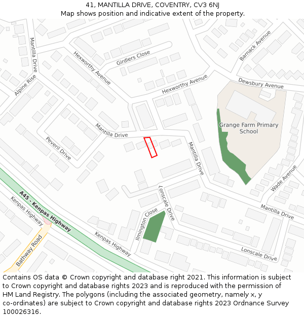 41, MANTILLA DRIVE, COVENTRY, CV3 6NJ: Location map and indicative extent of plot