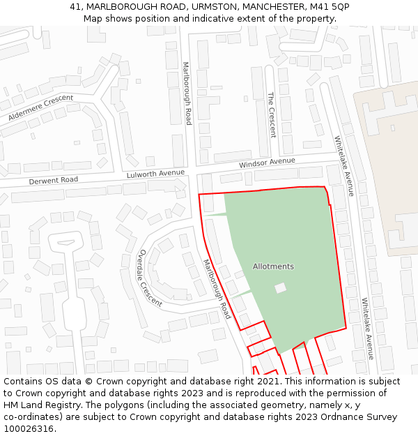 41, MARLBOROUGH ROAD, URMSTON, MANCHESTER, M41 5QP: Location map and indicative extent of plot