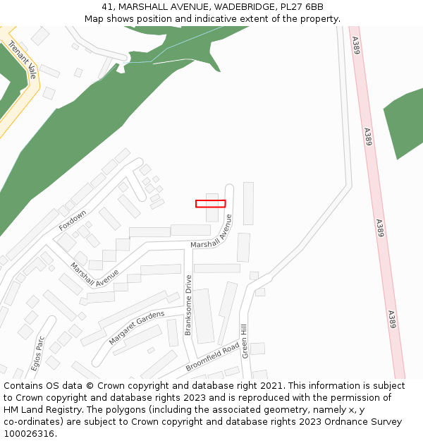 41, MARSHALL AVENUE, WADEBRIDGE, PL27 6BB: Location map and indicative extent of plot