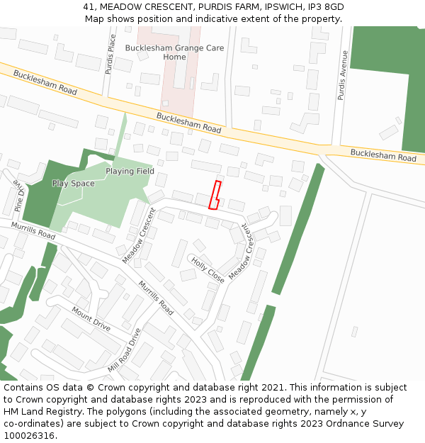 41, MEADOW CRESCENT, PURDIS FARM, IPSWICH, IP3 8GD: Location map and indicative extent of plot
