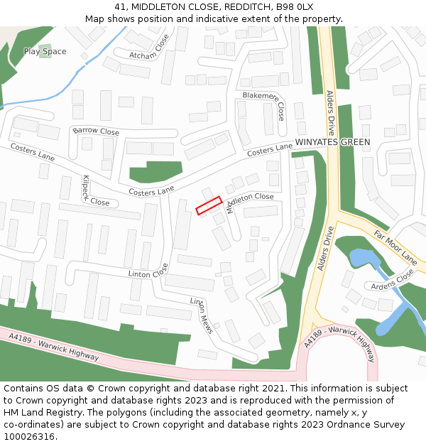 41, MIDDLETON CLOSE, REDDITCH, B98 0LX: Location map and indicative extent of plot