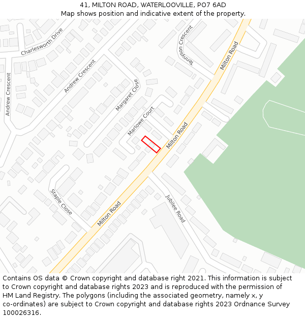 41, MILTON ROAD, WATERLOOVILLE, PO7 6AD: Location map and indicative extent of plot