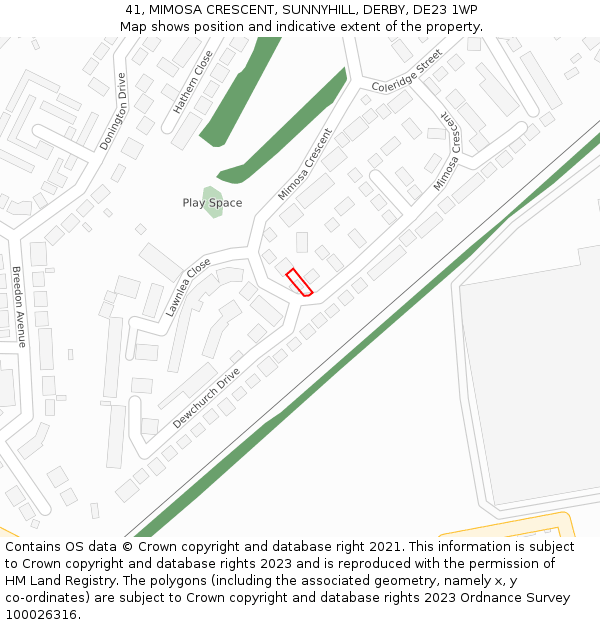 41, MIMOSA CRESCENT, SUNNYHILL, DERBY, DE23 1WP: Location map and indicative extent of plot