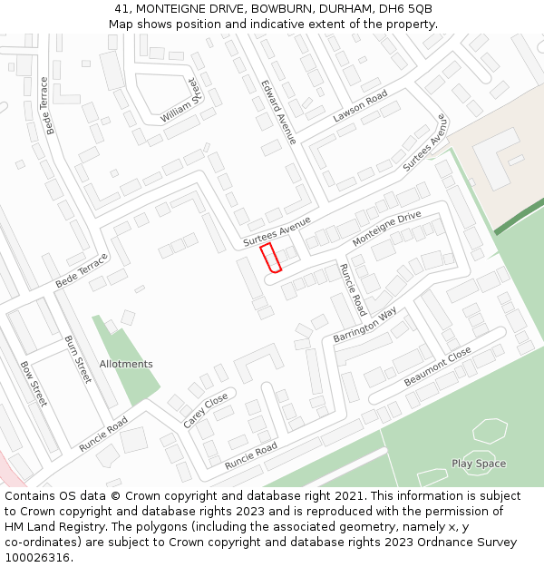 41, MONTEIGNE DRIVE, BOWBURN, DURHAM, DH6 5QB: Location map and indicative extent of plot