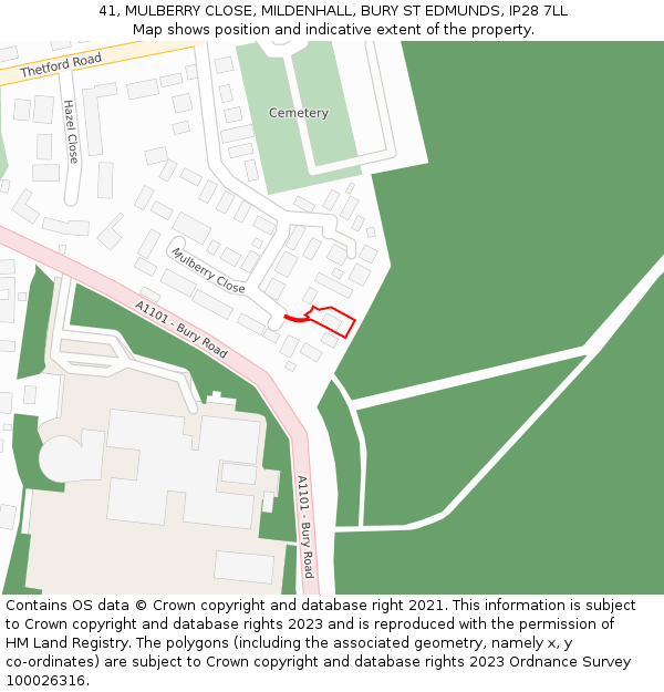 41, MULBERRY CLOSE, MILDENHALL, BURY ST EDMUNDS, IP28 7LL: Location map and indicative extent of plot