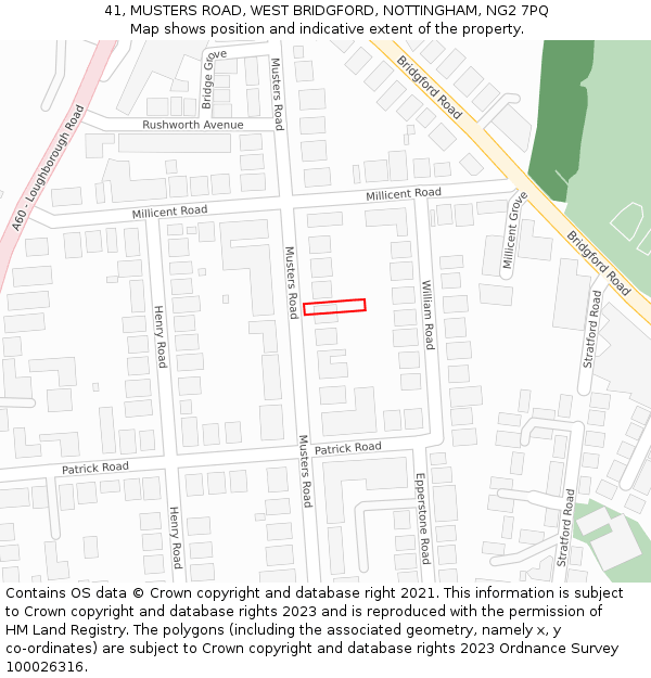 41, MUSTERS ROAD, WEST BRIDGFORD, NOTTINGHAM, NG2 7PQ: Location map and indicative extent of plot