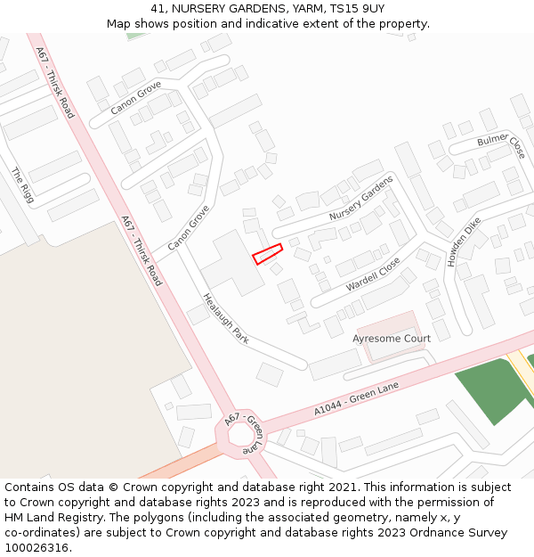 41, NURSERY GARDENS, YARM, TS15 9UY: Location map and indicative extent of plot