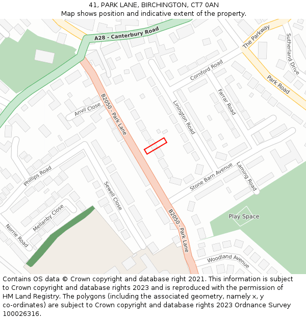 41, PARK LANE, BIRCHINGTON, CT7 0AN: Location map and indicative extent of plot