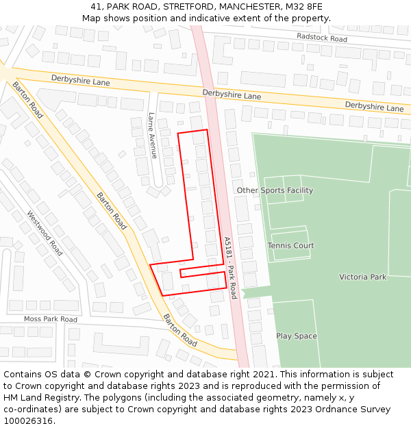 41, PARK ROAD, STRETFORD, MANCHESTER, M32 8FE: Location map and indicative extent of plot
