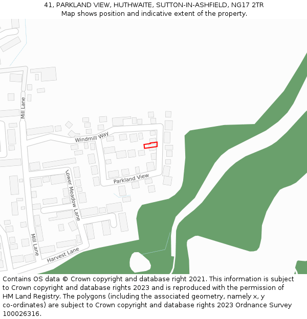 41, PARKLAND VIEW, HUTHWAITE, SUTTON-IN-ASHFIELD, NG17 2TR: Location map and indicative extent of plot