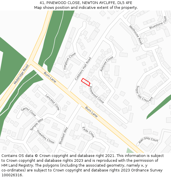 41, PINEWOOD CLOSE, NEWTON AYCLIFFE, DL5 4FE: Location map and indicative extent of plot