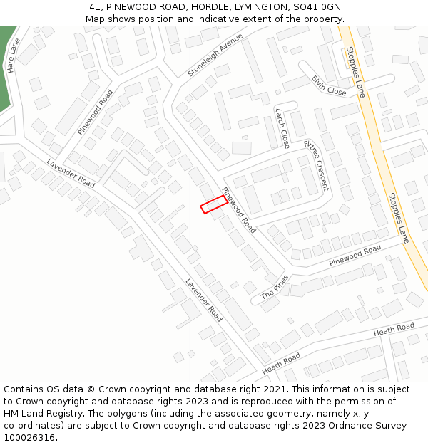 41, PINEWOOD ROAD, HORDLE, LYMINGTON, SO41 0GN: Location map and indicative extent of plot