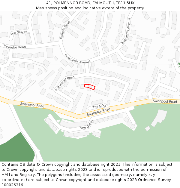 41, POLMENNOR ROAD, FALMOUTH, TR11 5UX: Location map and indicative extent of plot